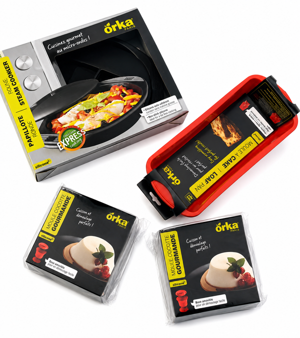 Lot Orka Paris Cuisine & Pâtisserie – Papillote Vapeur XL Micro-Ondes, Moule à Cake Silicone et 2 Moules Cocotte Gourmande Sans BPA