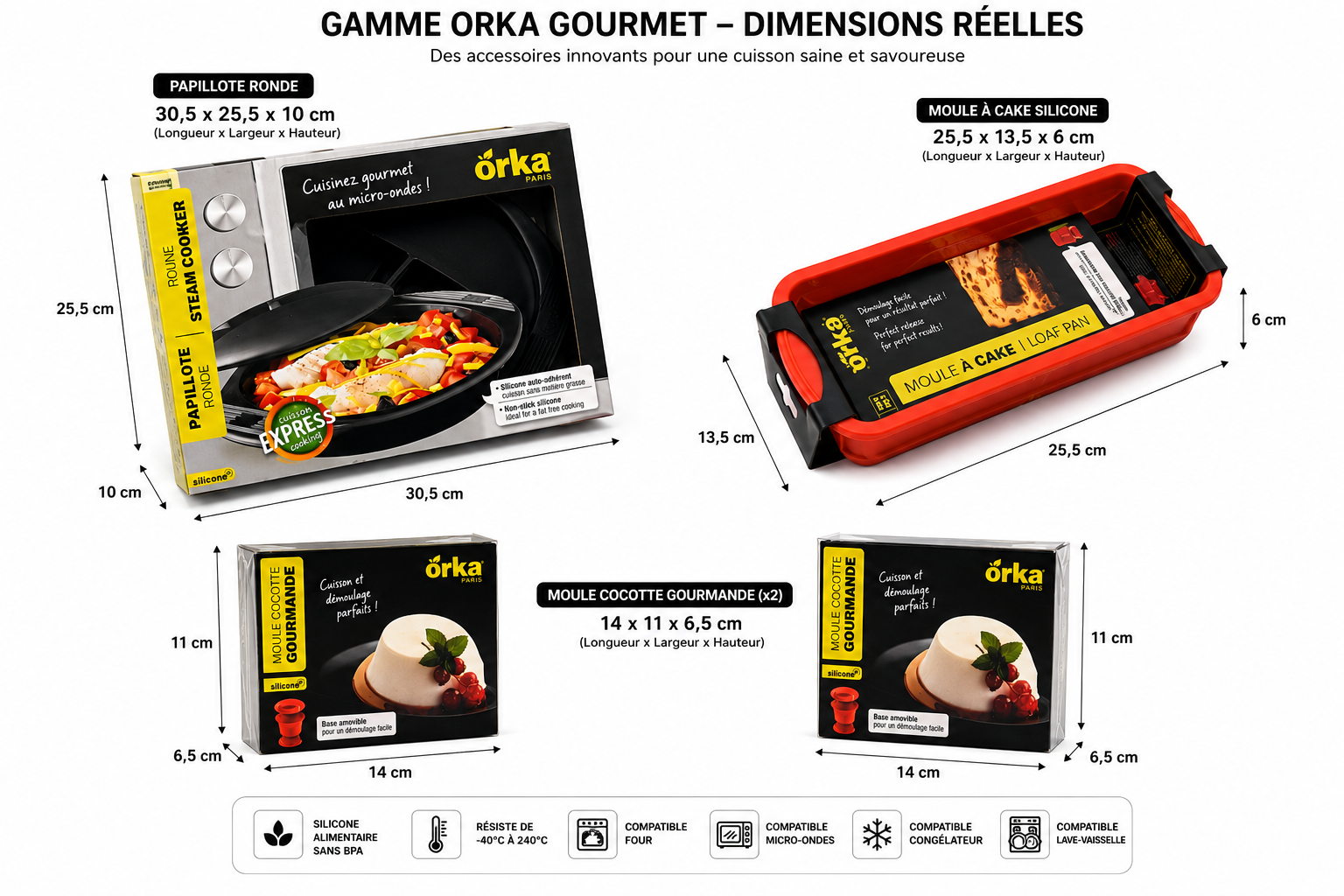 Lot Orka Paris Cuisine & Pâtisserie – Papillote Vapeur XL Micro-Ondes, Moule à Cake Silicone et 2 Moules Cocotte Gourmande Sans BPA