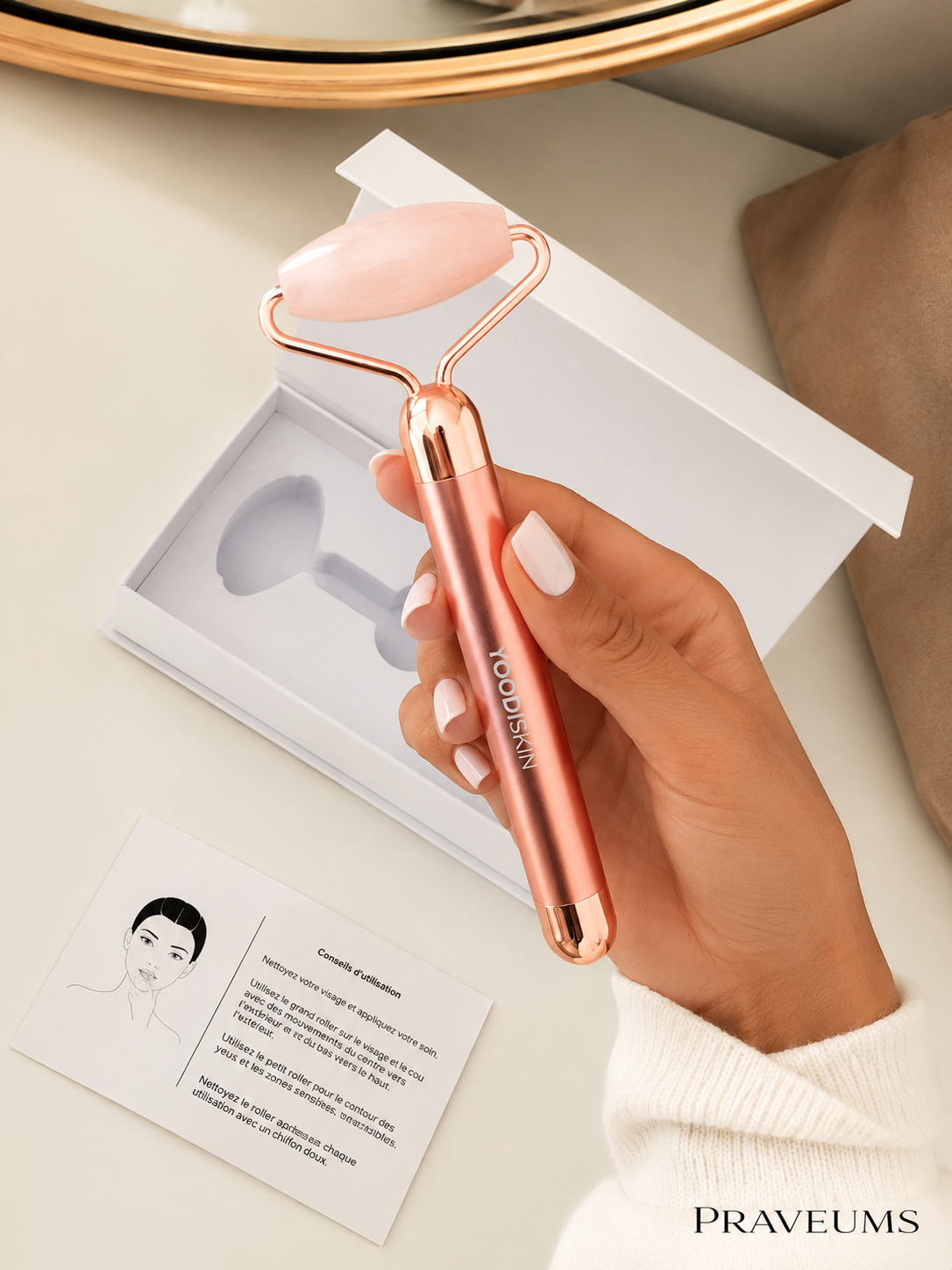 Roller Visage Quartz Rose 2-en-1 – Massage Facial Anti-Âge, Lifting Naturel et Soin Drainant pour le Visage